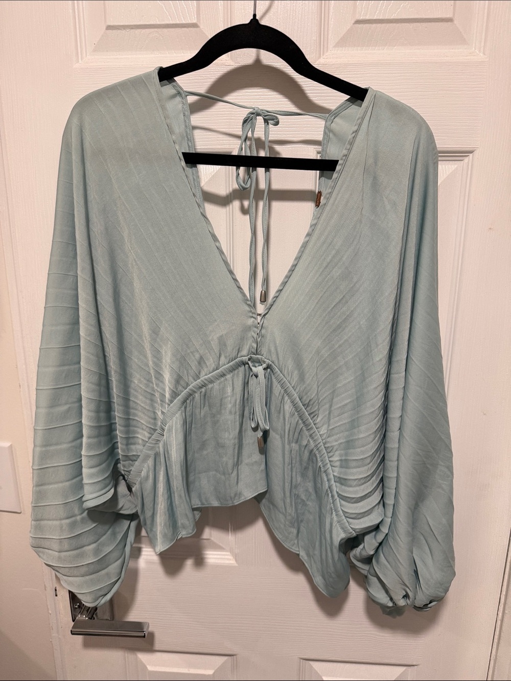 Free People Pale Blue V-Neck Tie-Back Balloon Sleeve Tunic